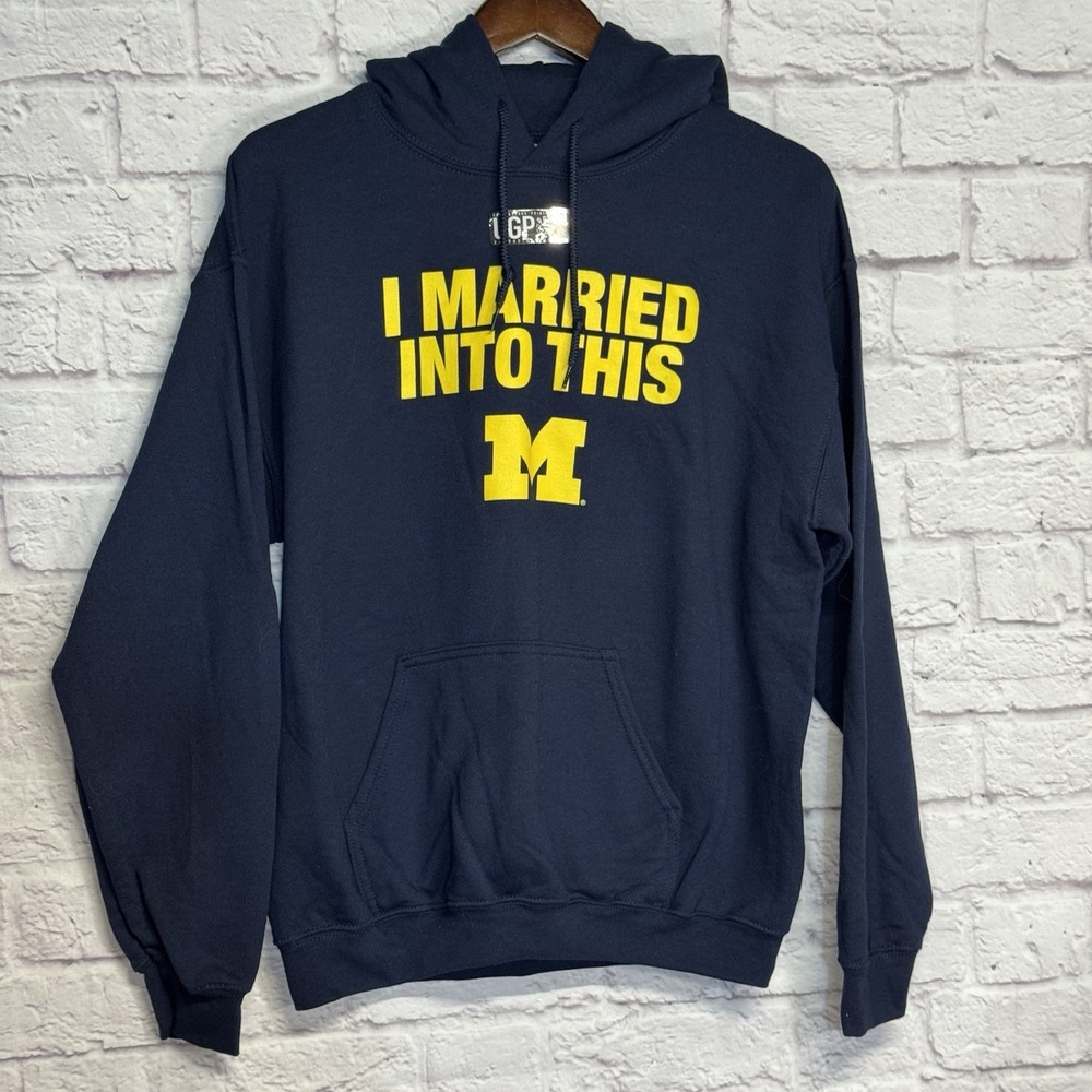 Michigan Wolverines UofM I Married Into This Hoodie Sweatshirt Medium M Navy NWT